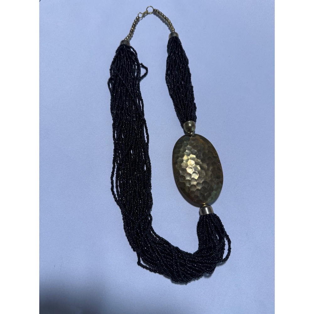 Vintage Multi‎ Strand Black Seed Bead Necklace Hammered Brass Oval Pendant 26in